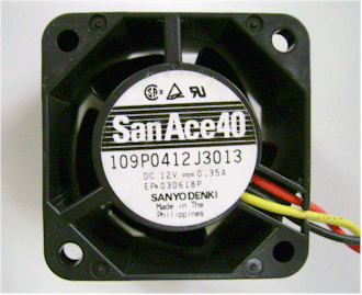40x40x28mm fan by Sanyo Denki, 3-pin, 12" long wires, 4.2 Watts, 12500rpm